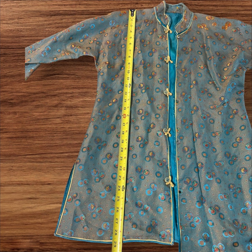 Vintage Asian‎ Inspired Jacket Robe Teal Blue Circle Pattern Frog Closures - Picture 4 of 6